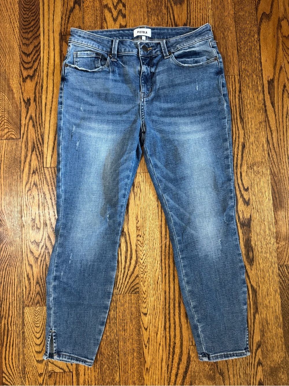 Pistola Jeans 29 Medium Wash Distressed Slim Straight Cropped Stretch Denim
